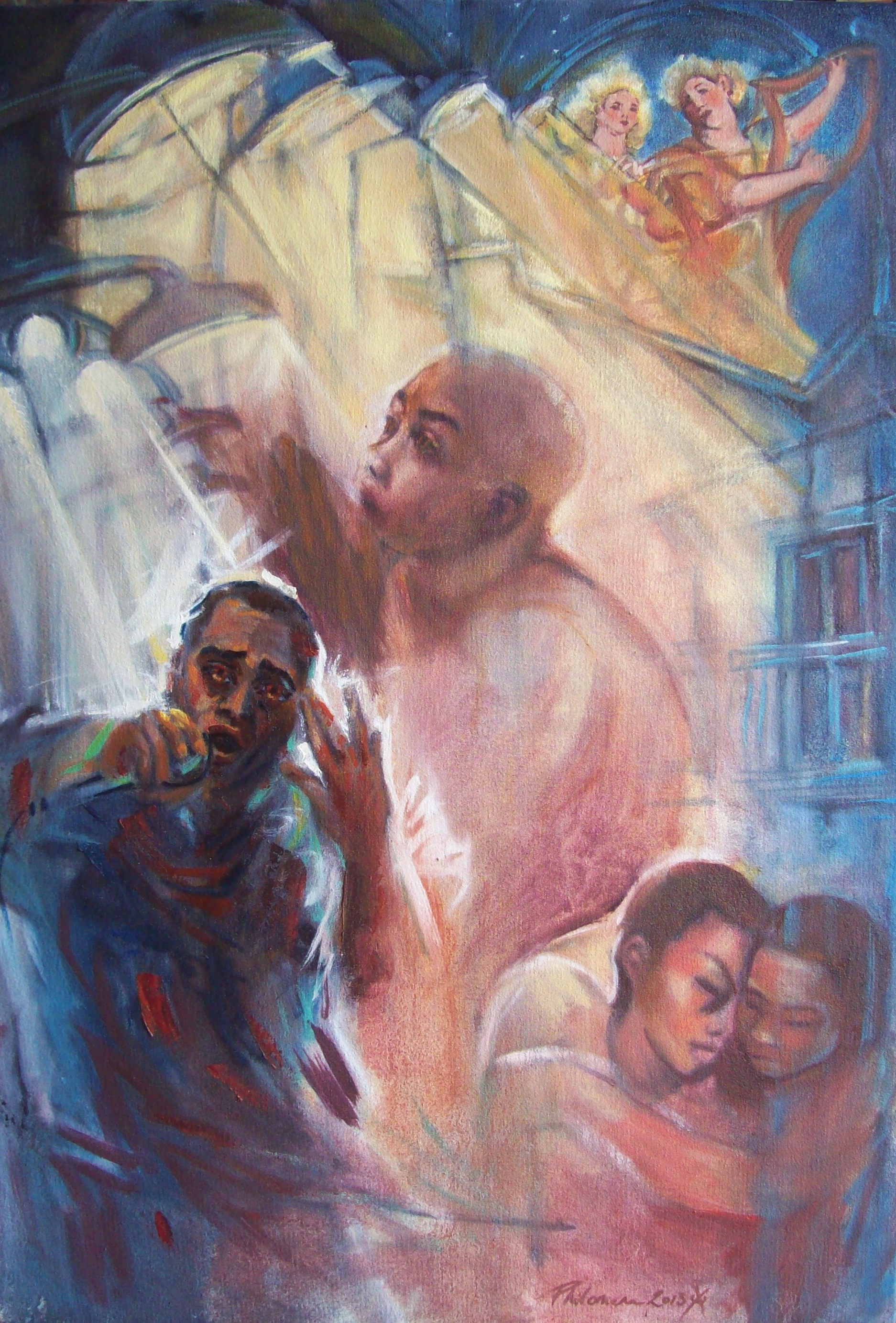 A narrative oil painting about song, singers and angels